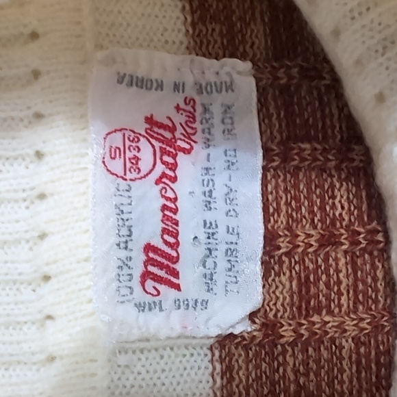 Vintage Mancraft Knits White Brown Striped Ribbed Turtleneck Sweater Size Small - Picture 3 of 4